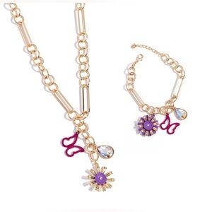 Gold and Purple Flower Butterfly Charm Necklace and Bracelet Set